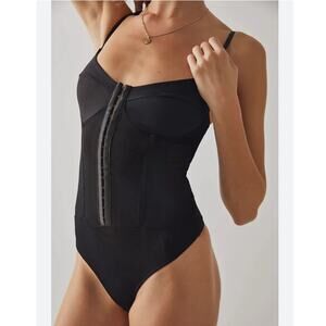 Free People Black Night Rhythm Corset Thong Bodysuit Size Medium